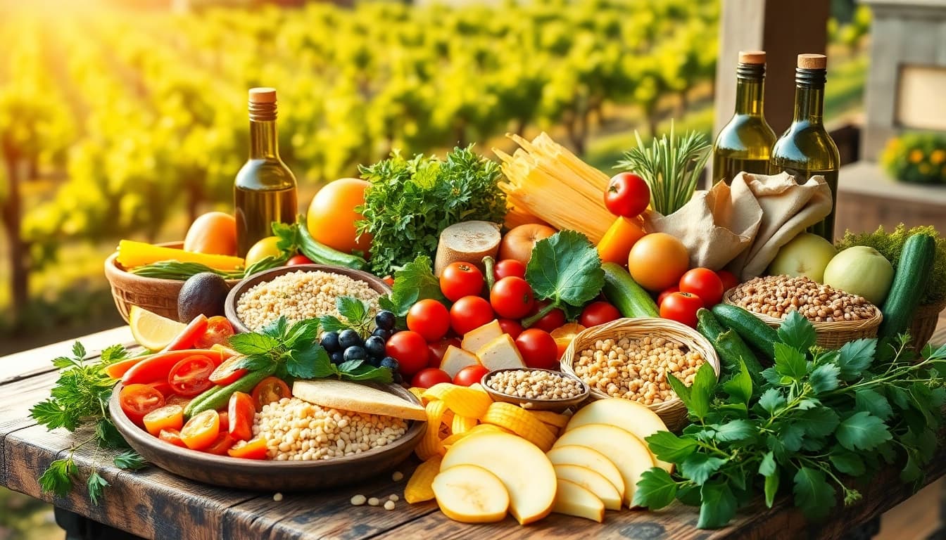 Showcasing a colorful Mediterranean diet spread with fresh ingredients on a rustic table.