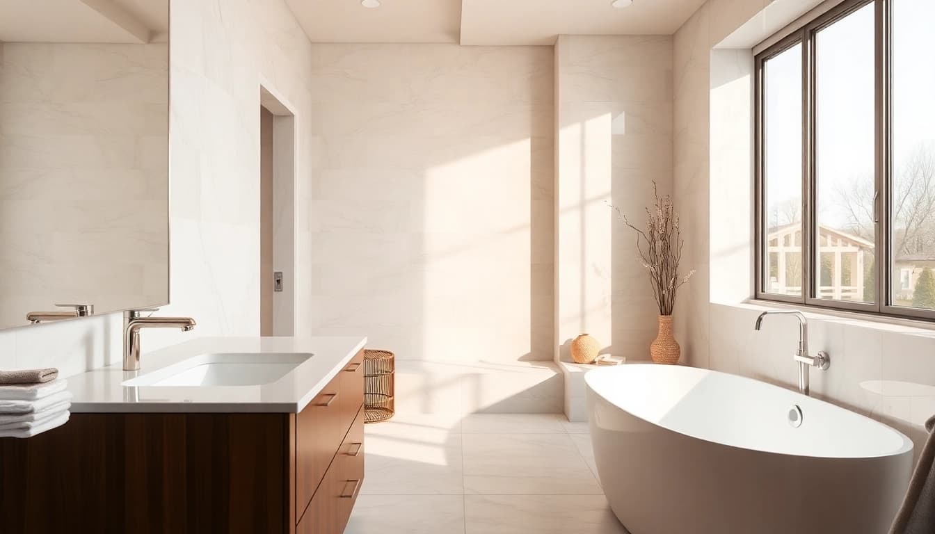 Showcasing a stylish bathroom remodeling service with modern fixtures and elegant design details.