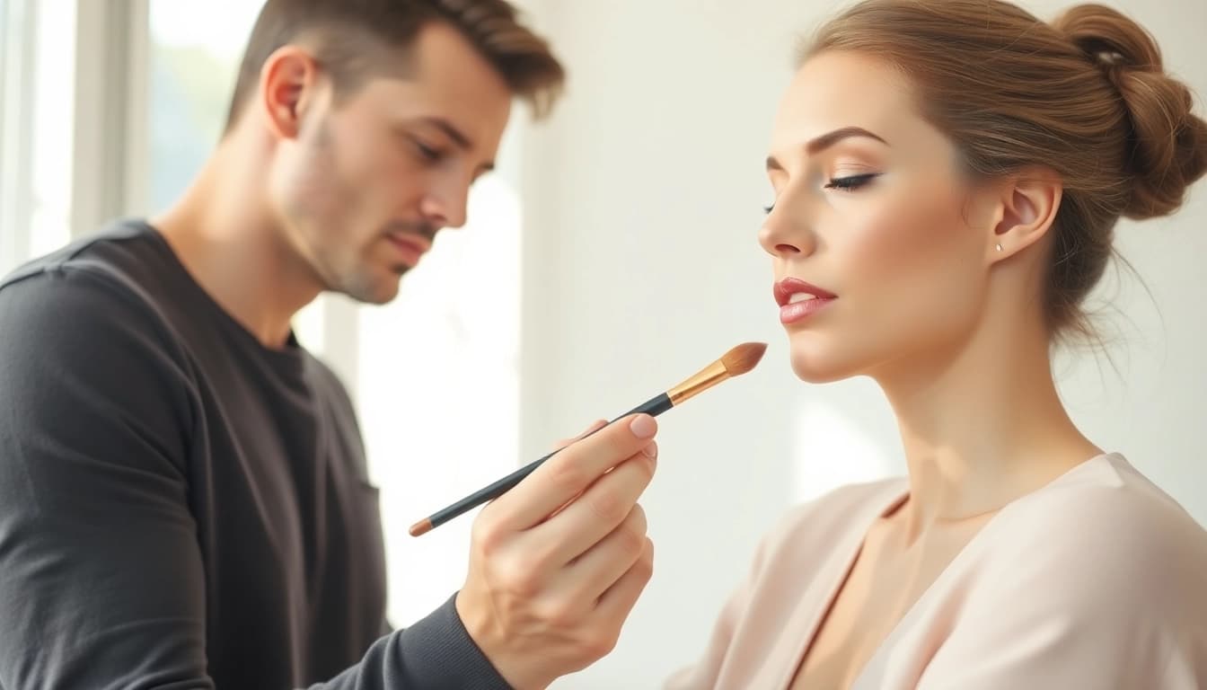 Applying lip blending brush techniques for perfect lip color blending in makeup artistry.