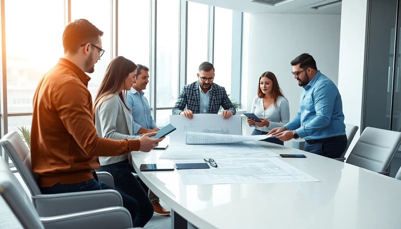 Collaboration in a construction member organization showcasing professional teamwork on architectural plans.