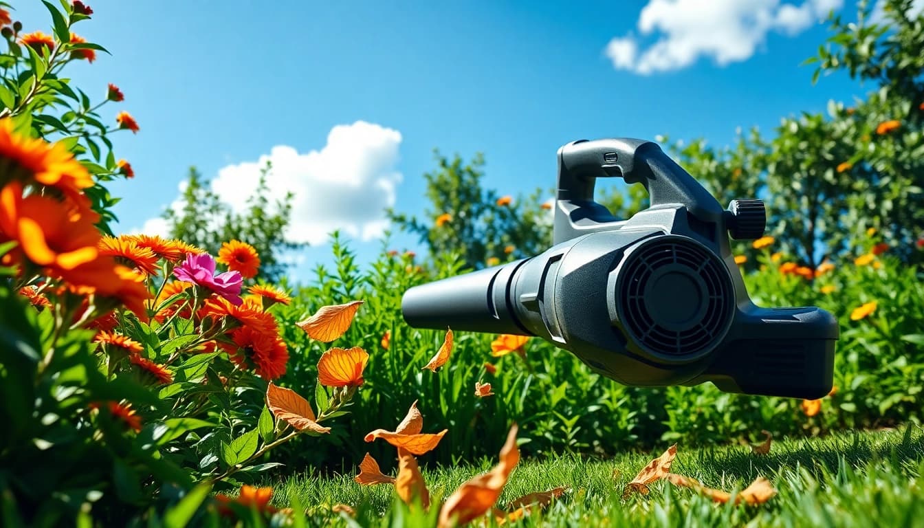 Electric leaf blower efficiently clearing leaves in a vibrant garden setting.