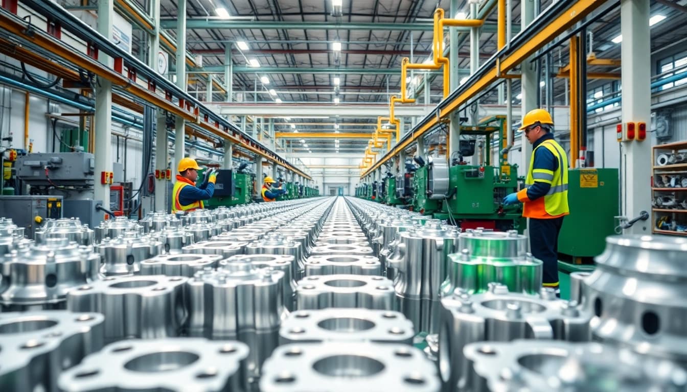 Aluminum chromating Malaysia process in a modern diecasting facility with workers and machinery.