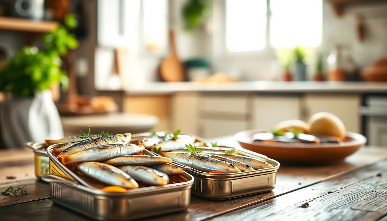 Disfruta sardianas en aceite de oliva frescas y aromatizadas con hierbas en una mesa rústica.