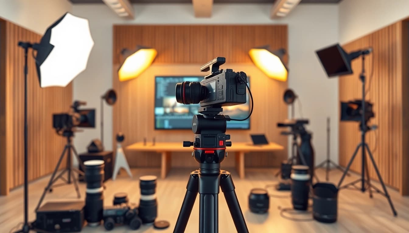 Capture of vediography tools showcasing a professional filming environment and vibrant studio setup.