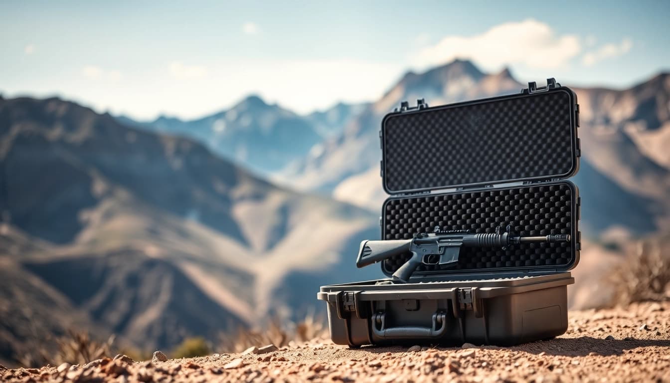 Showcase the pelican rifle case revealing its robust design and protective features in a natural setting.