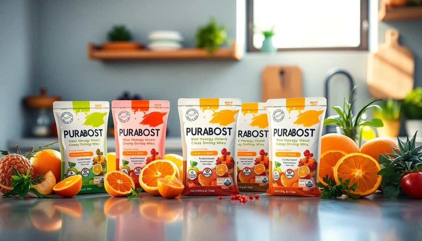 Puraboost energy drink mixes surrounded by fresh fruits, emphasizing health and vitality.