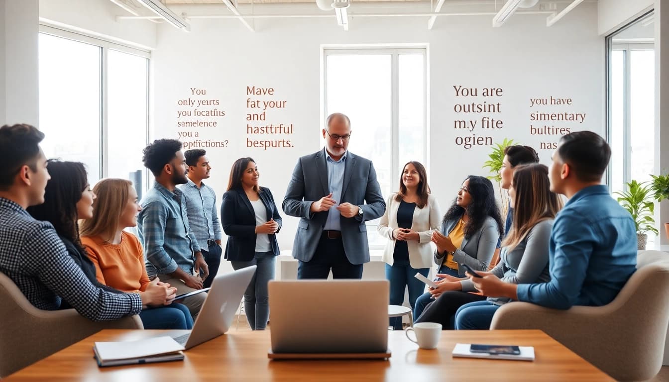 Business coach near me engaging a diverse group in a professional office setting.