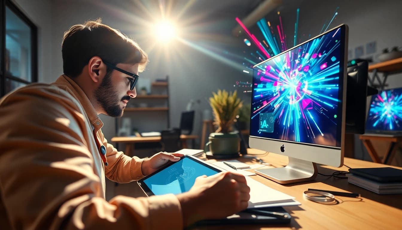 Creating stunning visuals of ar triggers in a vibrant digital studio environment.