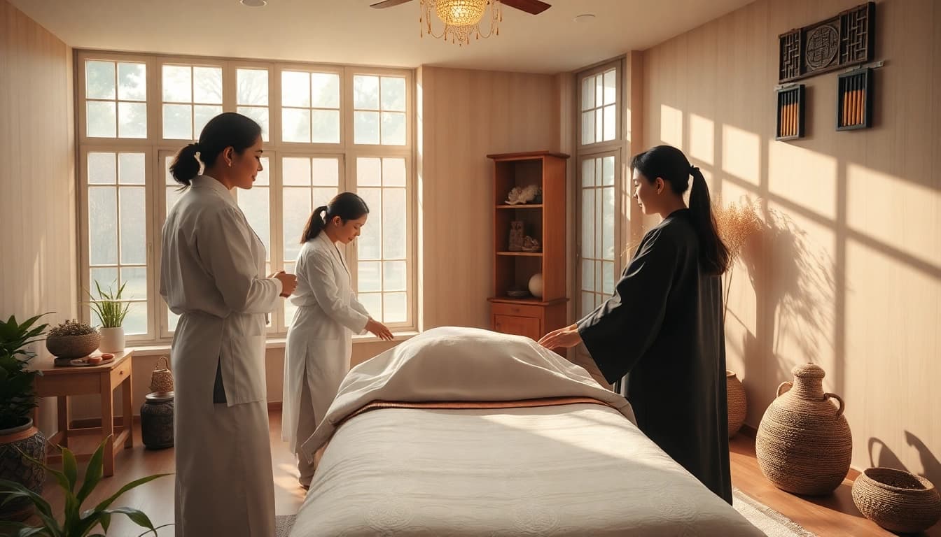 Menerapkan TCM dalam sesi terapi santai di klinik yang menenangkan.