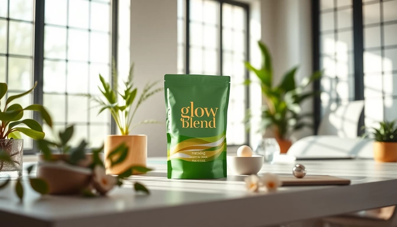 Showcasing Glow Blend product elegantly arranged in a modern workspace with natural lighting.