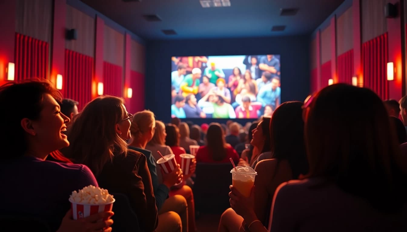 ดูหนัง ในโรงภาพยนตร์ที่อบอุ่นกับผู้คนหลากหลายที่กำลังสนุก