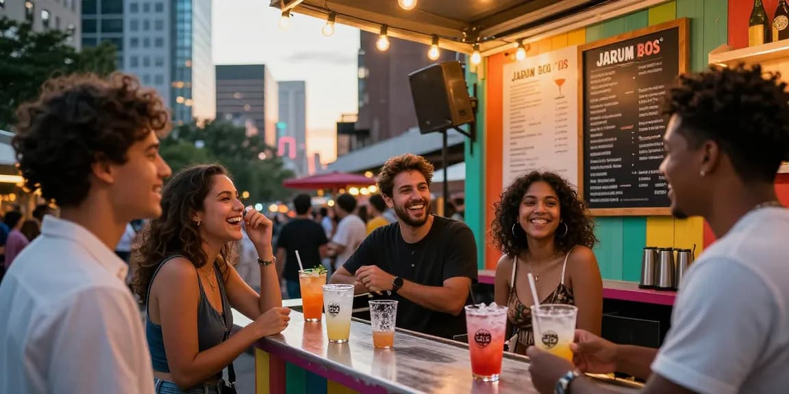 Friends enjoying DJARUM BOS drinks at a lively urban bar during sunset