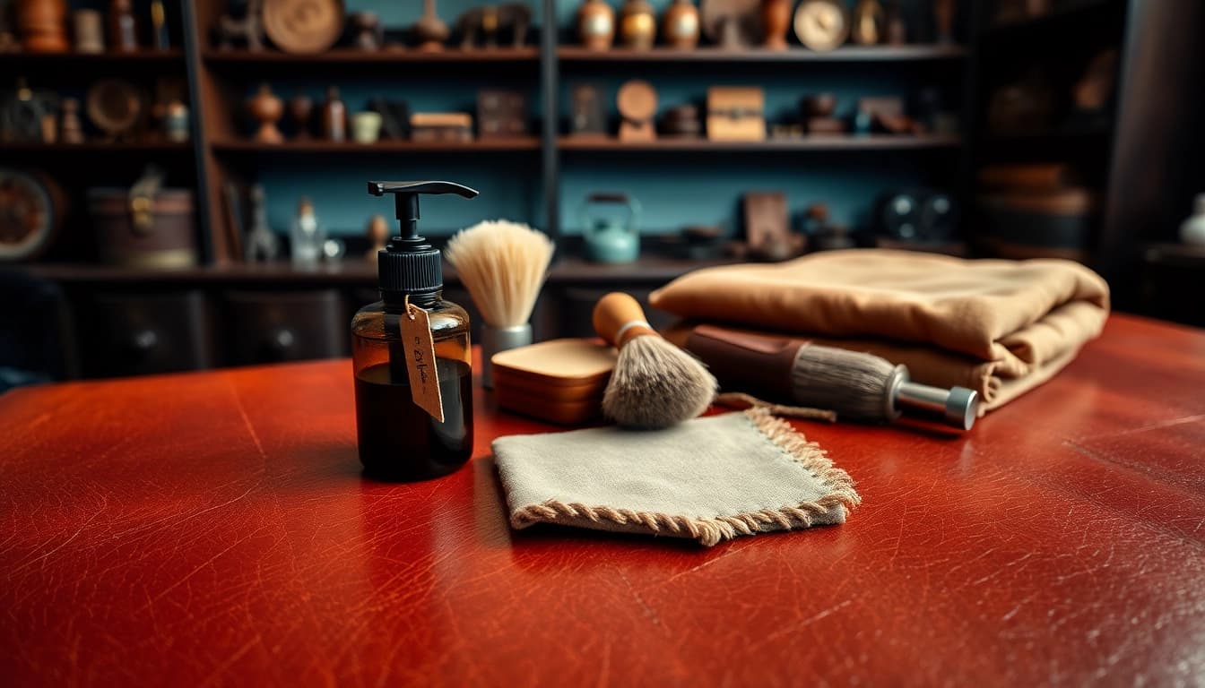 Museum-grade leather care products showcased on polished leather with antique tools and brushes.