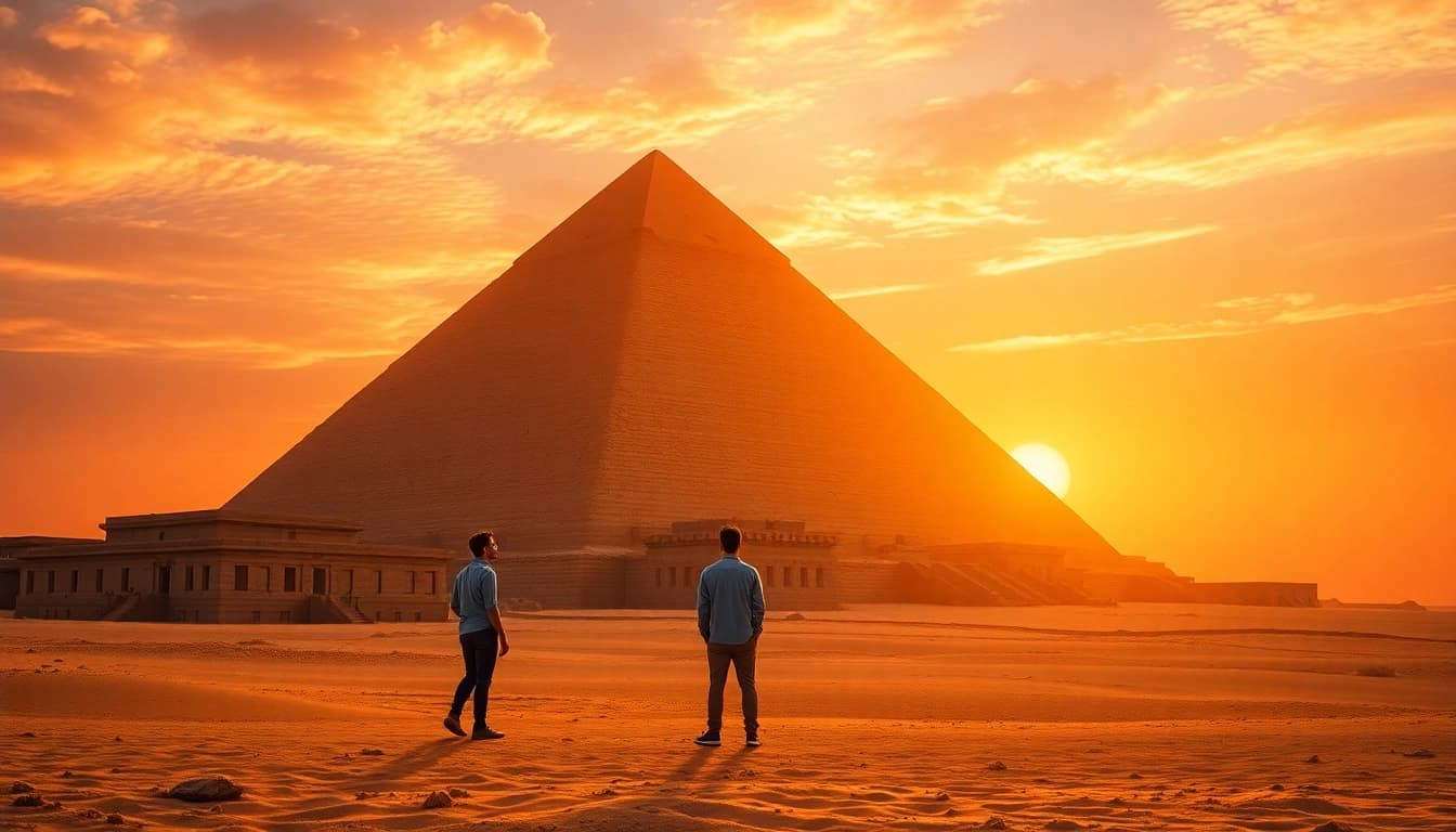 Admiring the iconic piraminds of Egypt as a traveler gazes up at their grandeur.