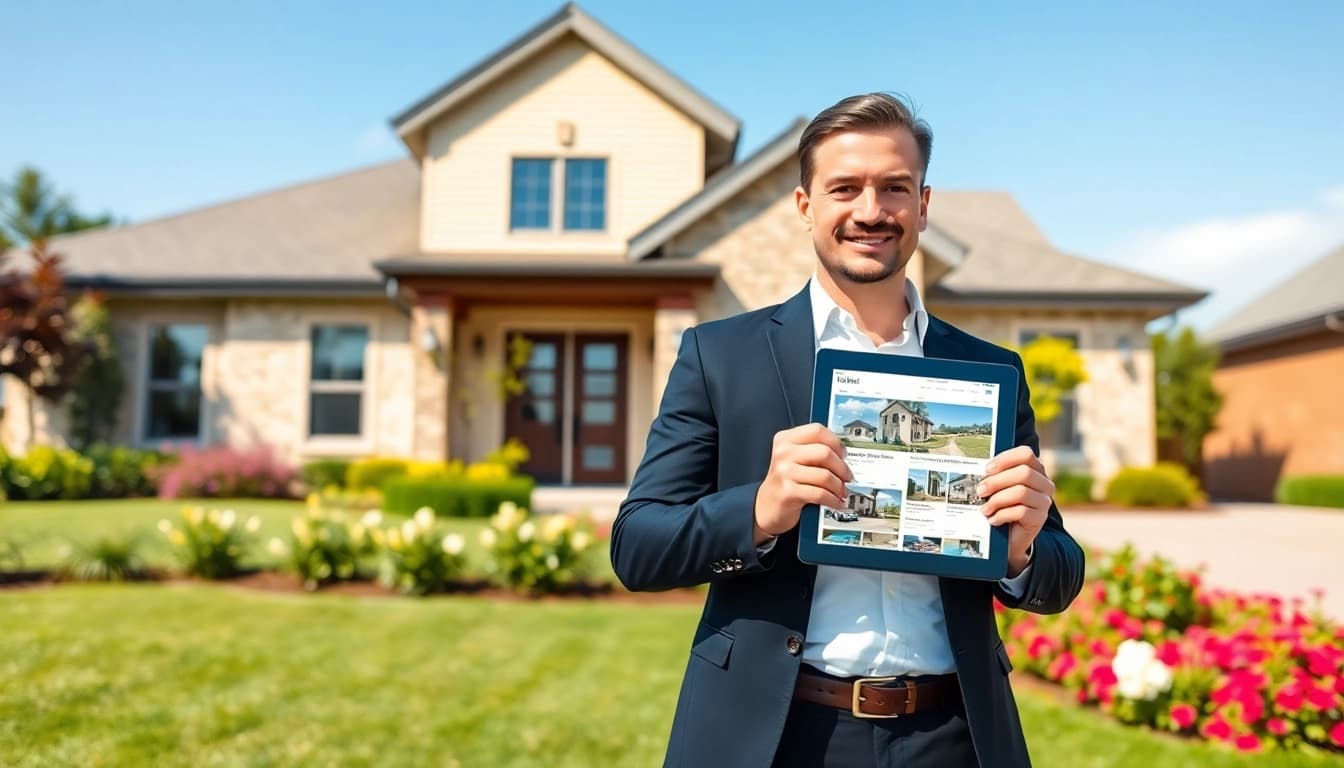 Real Estate agent showcasing properties in front of a modern home with a vibrant background.
