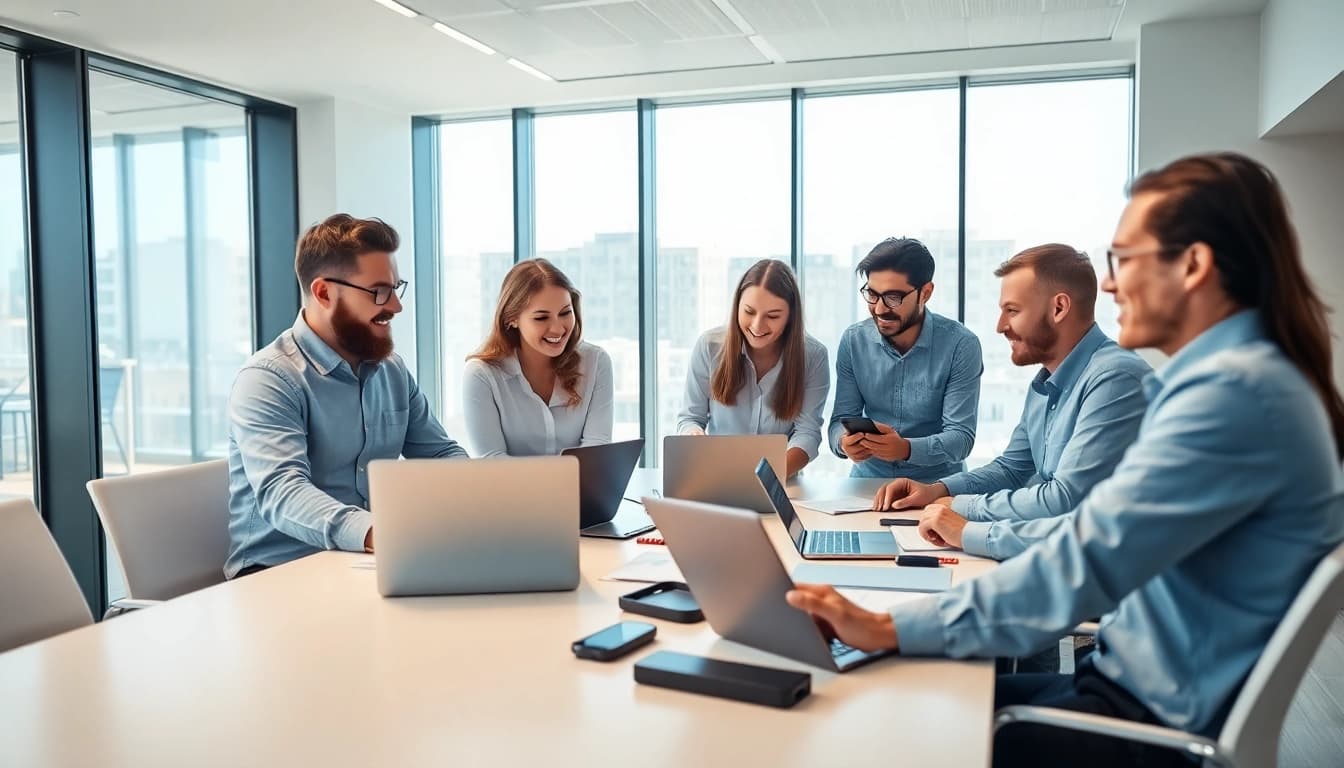 Managed it provider team working collaboratively in a modern office with laptops and documents.