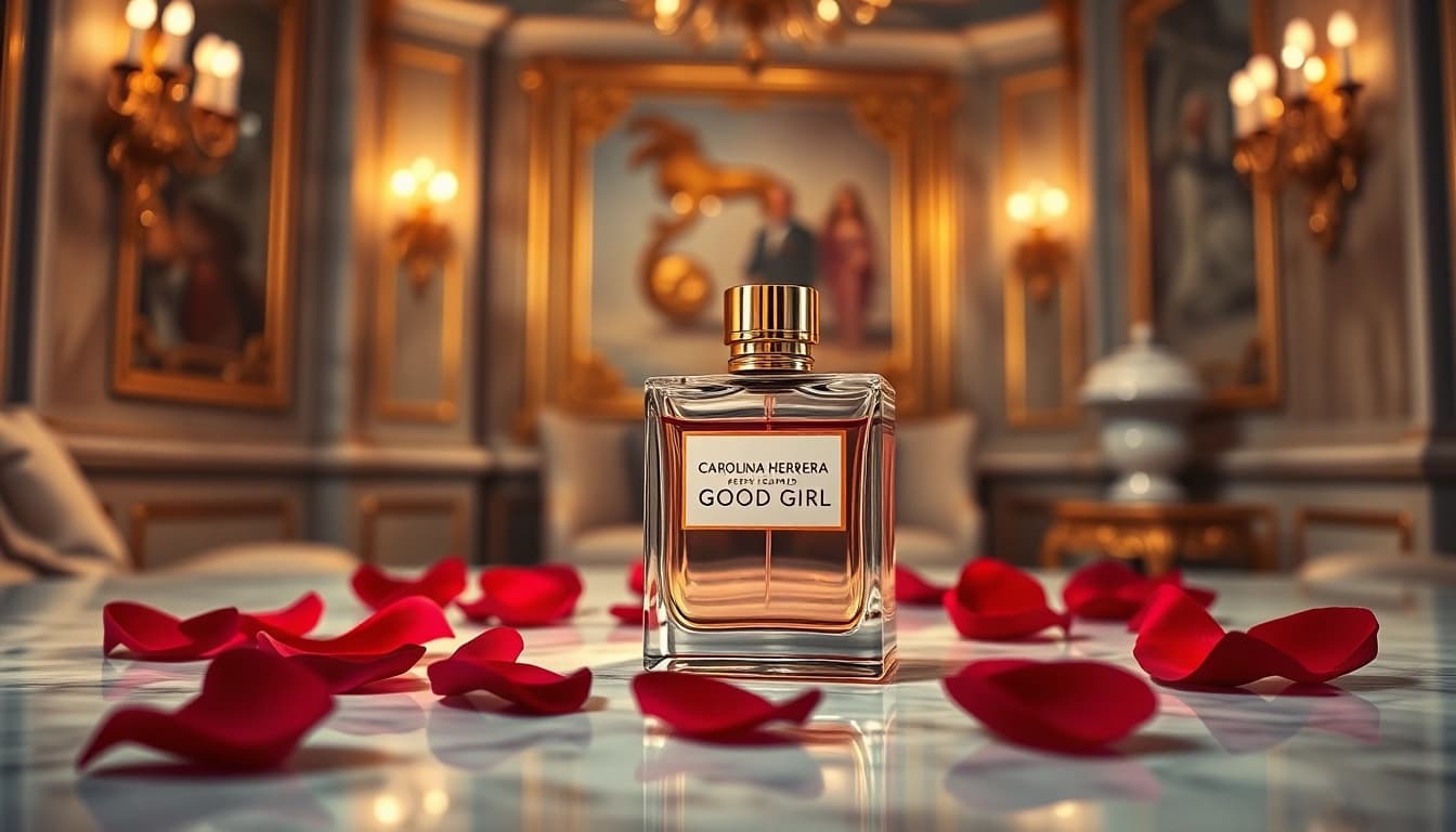 Experience the elegance of Carolina Herrera Good Girl with its iconic high-heel bottle design surrounded by rose petals.