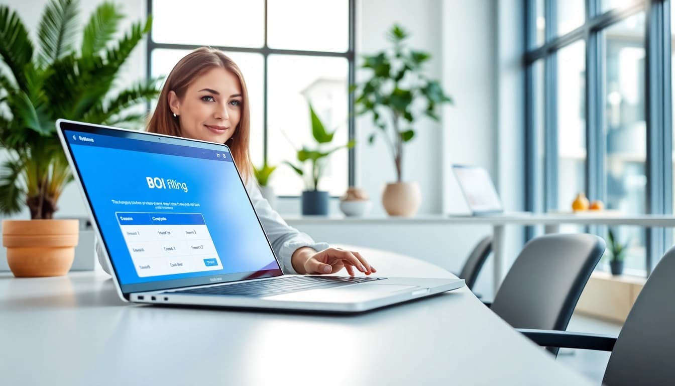 Businesswoman efficiently managing BOI filing process in a sleek office setup.