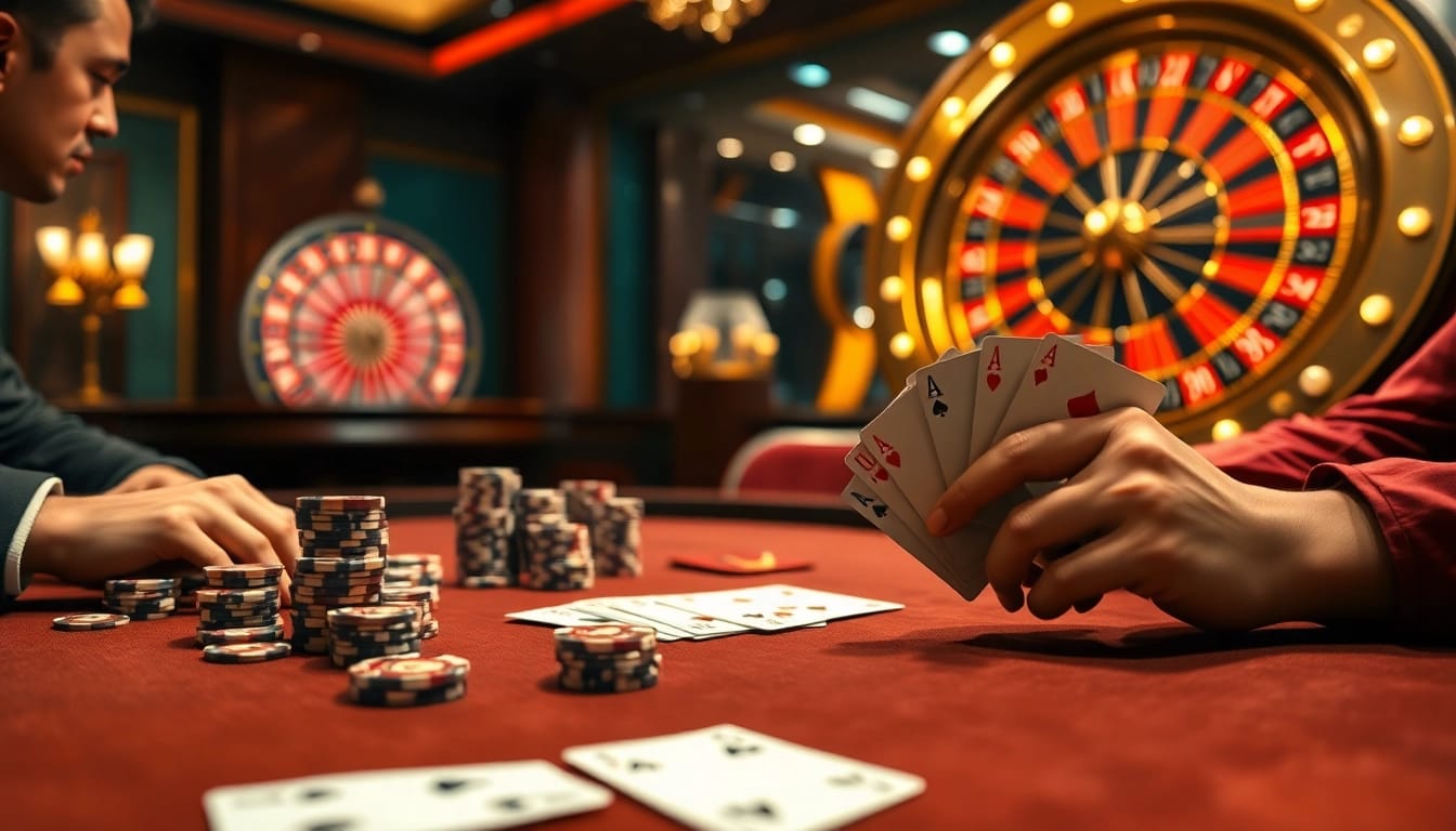 Engaging poker game scene with house edge at nhà cái 789win, highlighting chips and cards.