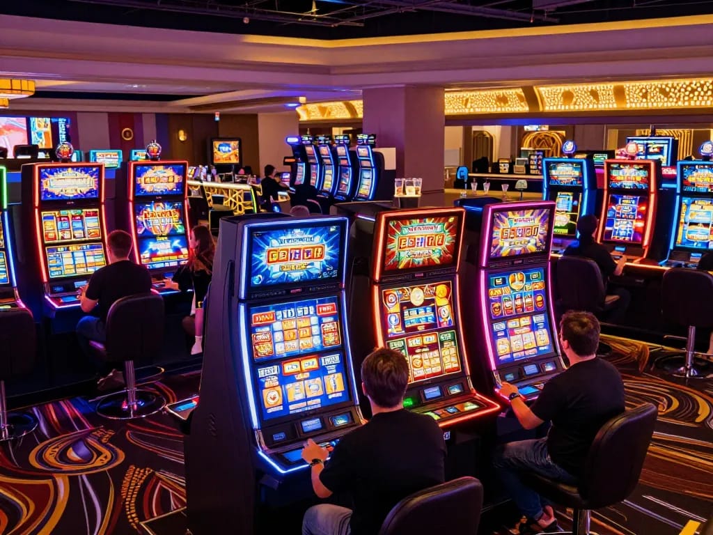 Pemain yang bersemangat di lantai kasino wma-minelife berinteraksi dengan mesin slot yang cerah di bawah lampu warna-warni