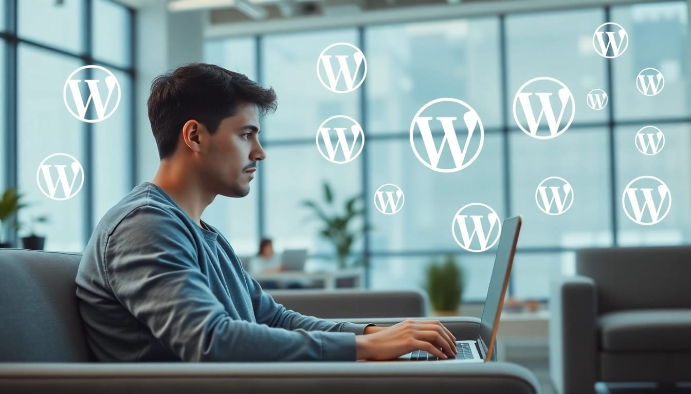 Professional working on unlimited WordPress tasks in a modern office environment.