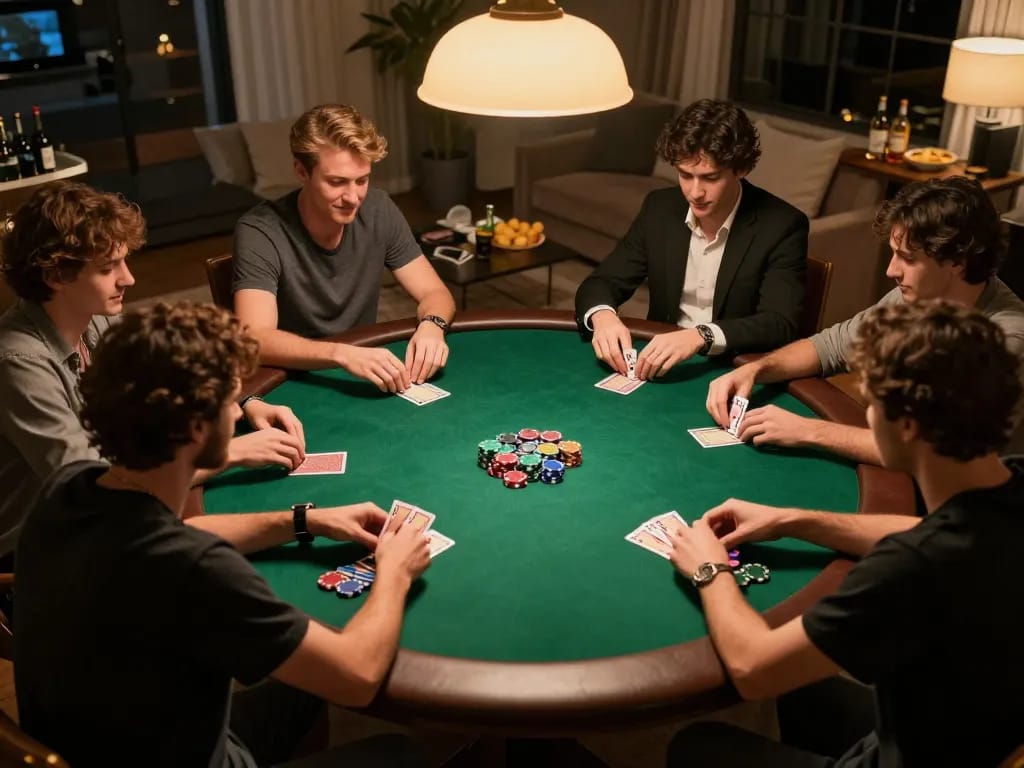 Engaging poker night scene showcasing players with cards at a home table highlighting giường bệnh nhân lifestyle vibes.