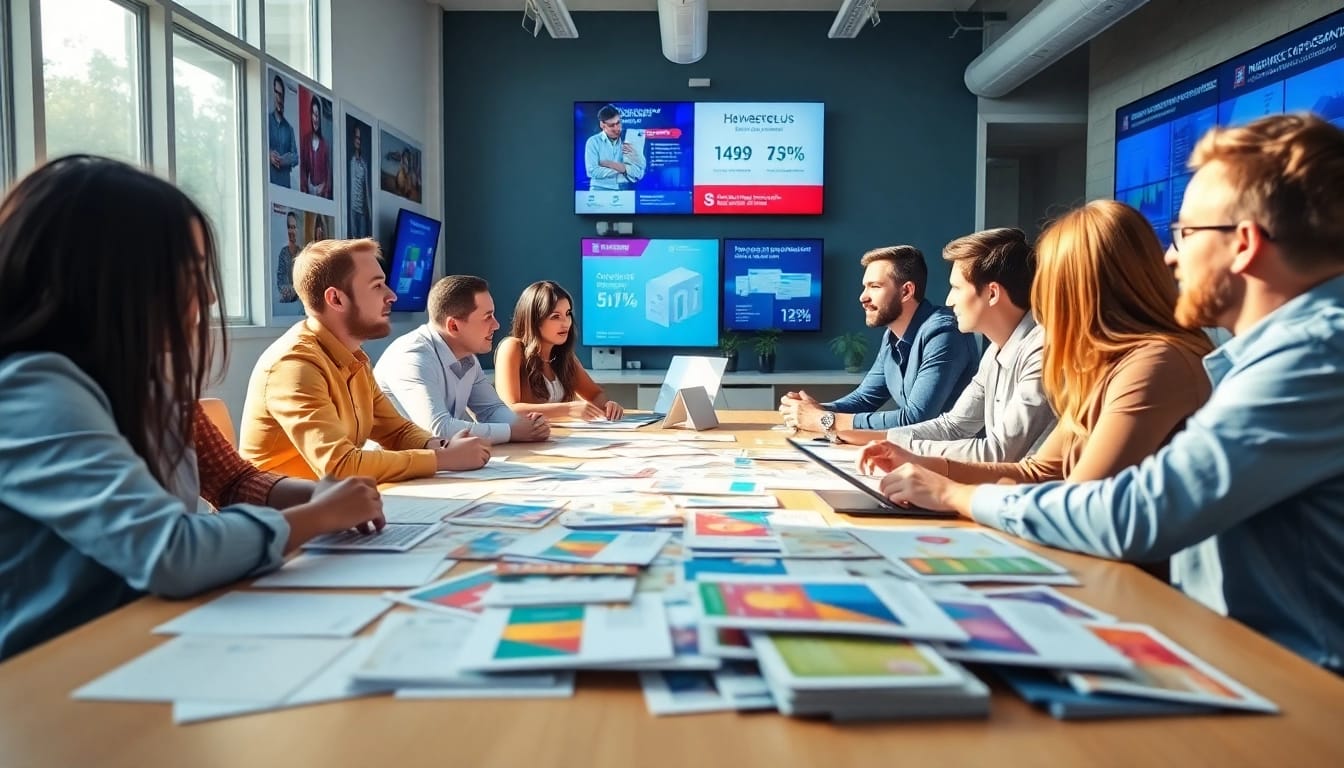 Team strategizing at a direct mailing company, showcasing collaboration and creativity.