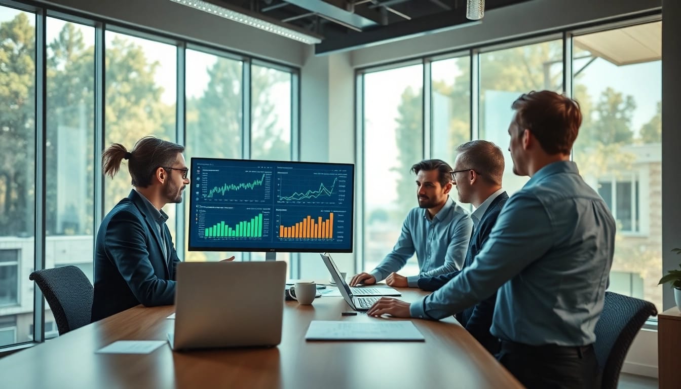 Analyze competitive intelligence faqs with a team of professionals collaborating in a modern office.