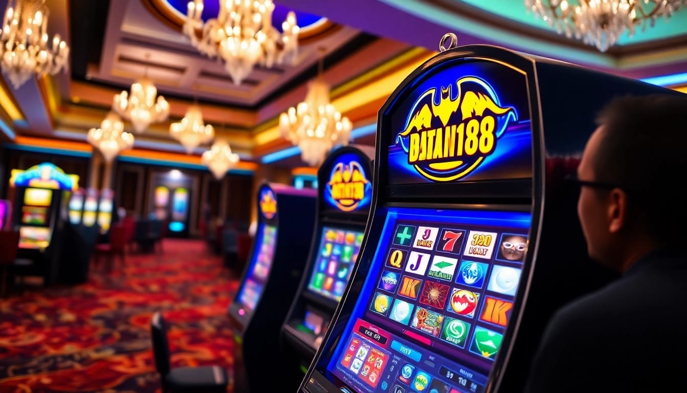 Memperlihatkan slot batman138 dengan desain menarik di casino yang elegan, menarik perhatian pemain.