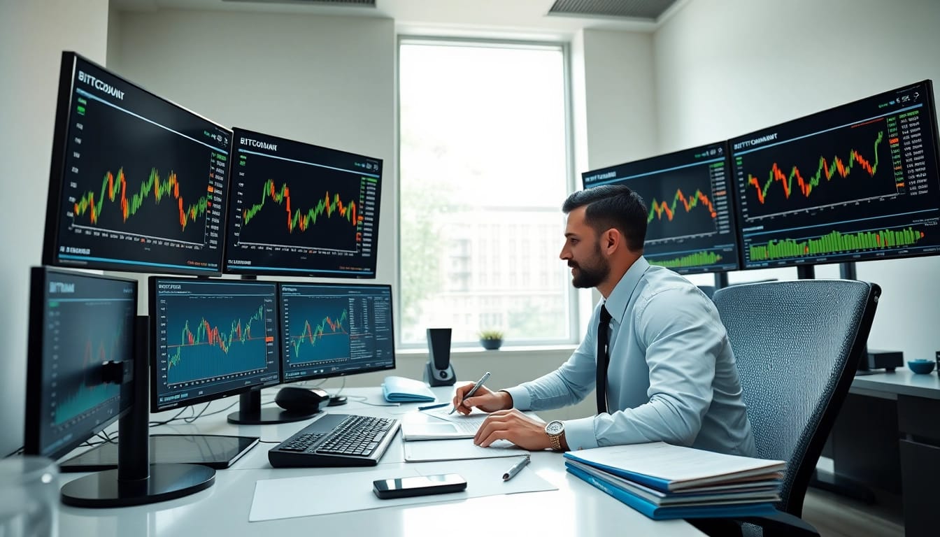 Acheter bitcoin dans un environnement de trading professionnel avec plusieurs écrans et graphiques affichant les prix.
