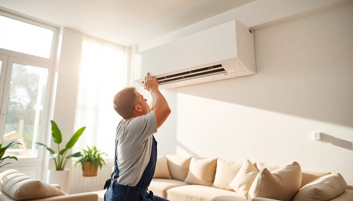 Technician installing a mini split ac in a modern living room, ensuring optimal air flow.