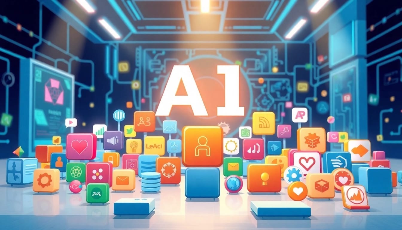 Showcasing a vibrant ai tool marketplace with diverse AI application icons representing efficiency.