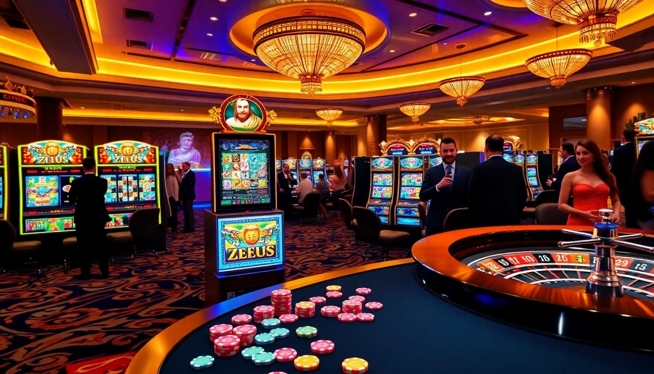 Menang pada mesin slot Zeus di lantai kasino yang penuh warna.