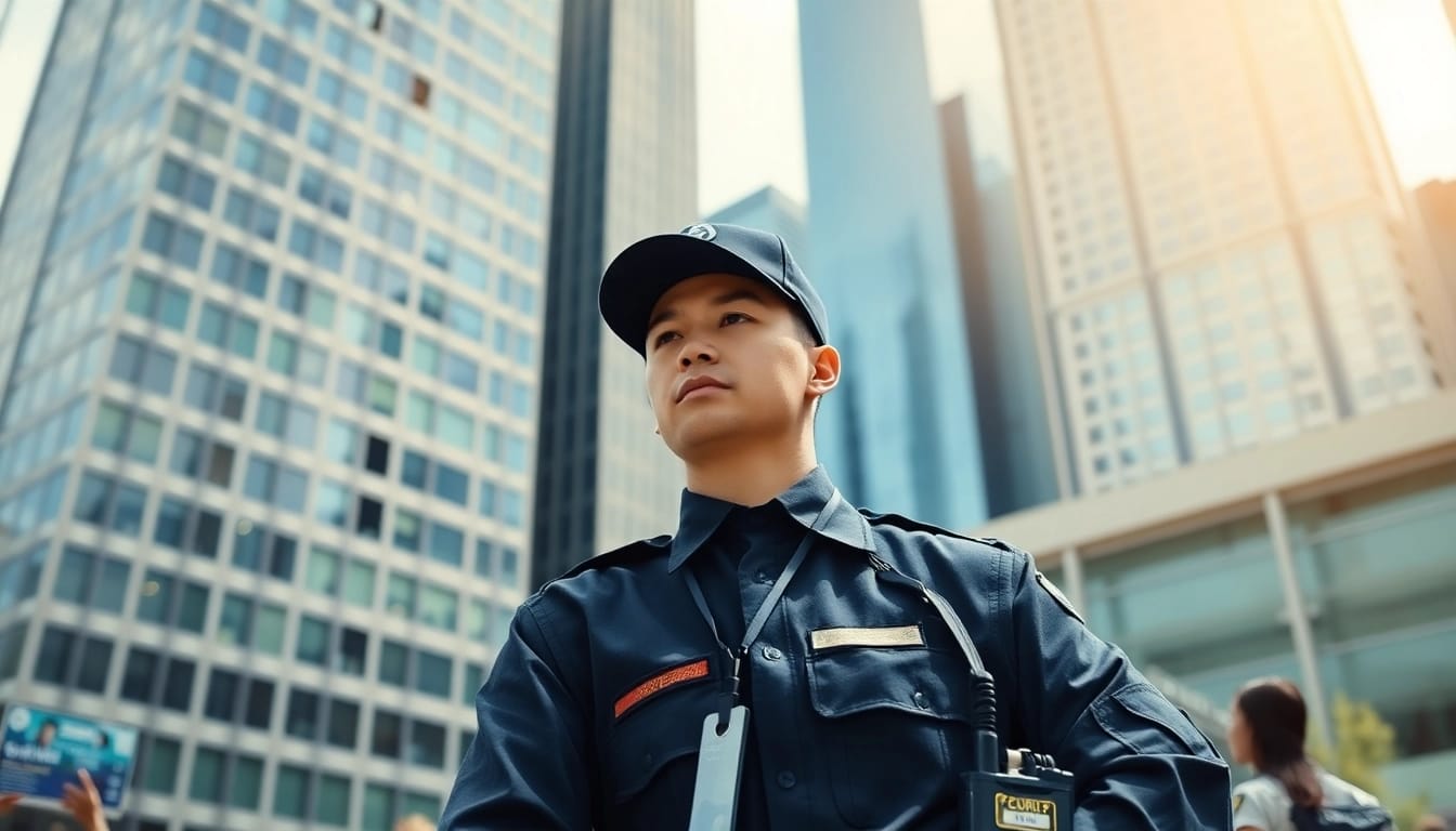 Security Company personnel monitoring a cityscape, emphasizing vigilance and safety.