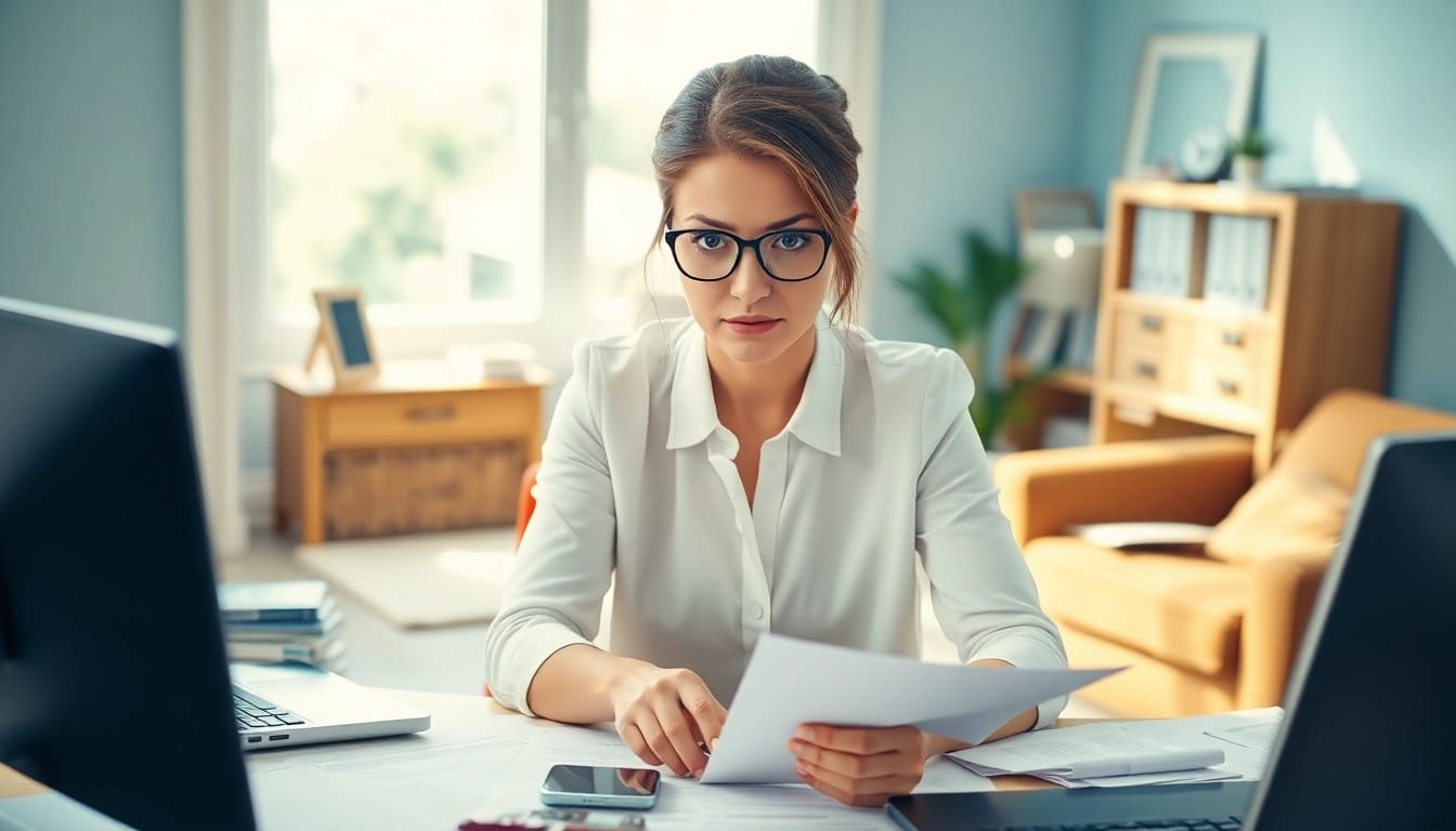 Conveying brain fog, a woman reflects at her desk in a bright, serene environment.