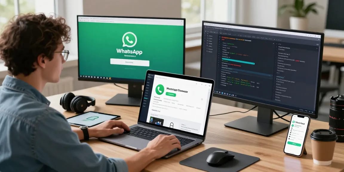 WhatsApp下載 app development workspace featuring a developer coding on multiple screens with a modern setup.