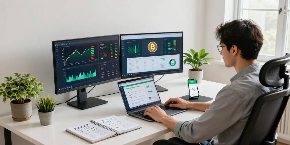 Eco friendly crypto mining workspace with Bitcoin charts, digital wallet, and sustainable tech, highlighting renewable energy.