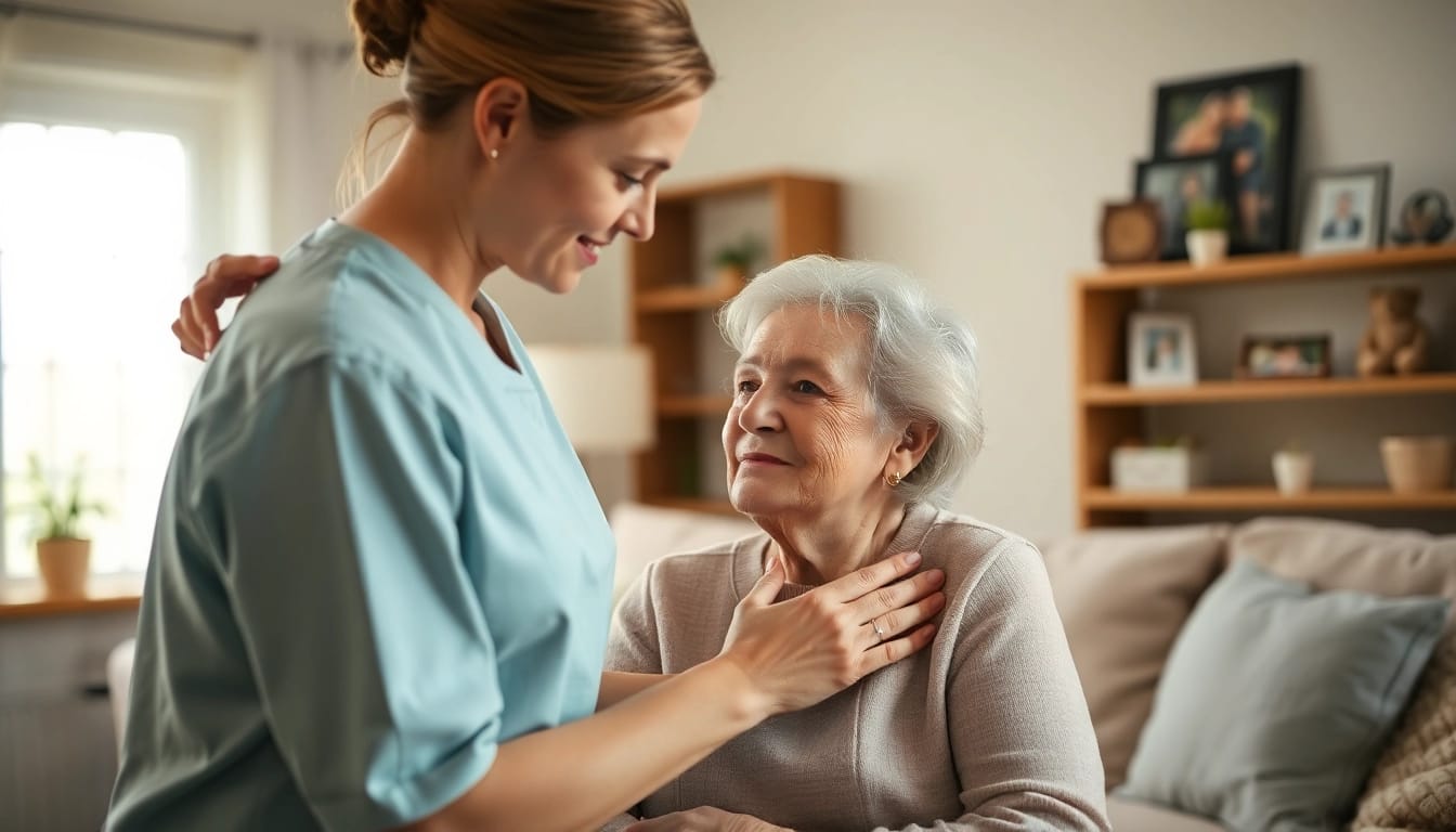 Providing in home respite care, a caregiver assists an elderly woman in a cozy living room.