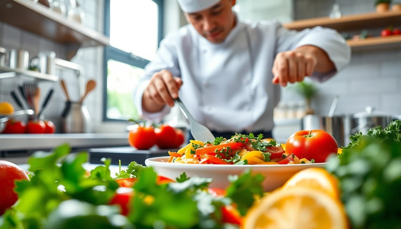 Engaging dishfacts culinary experience with a chef crafting a vibrant gourmet meal.