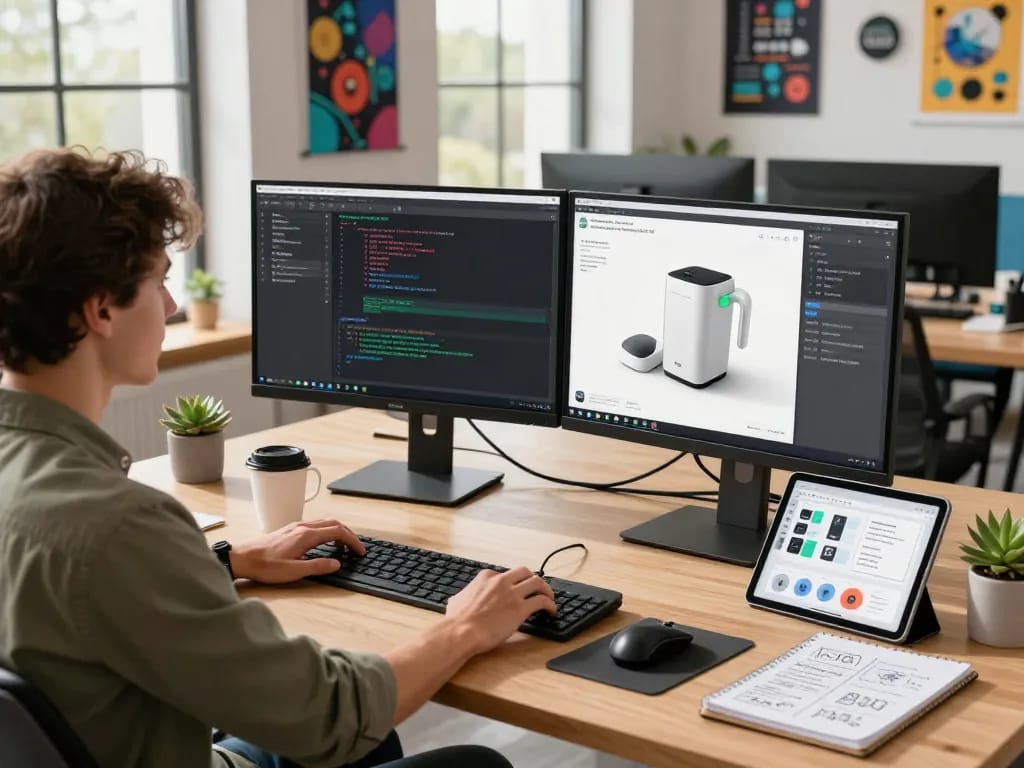 3D product configurator software development workspace with dual monitors showcasing coding and 3D product models.
