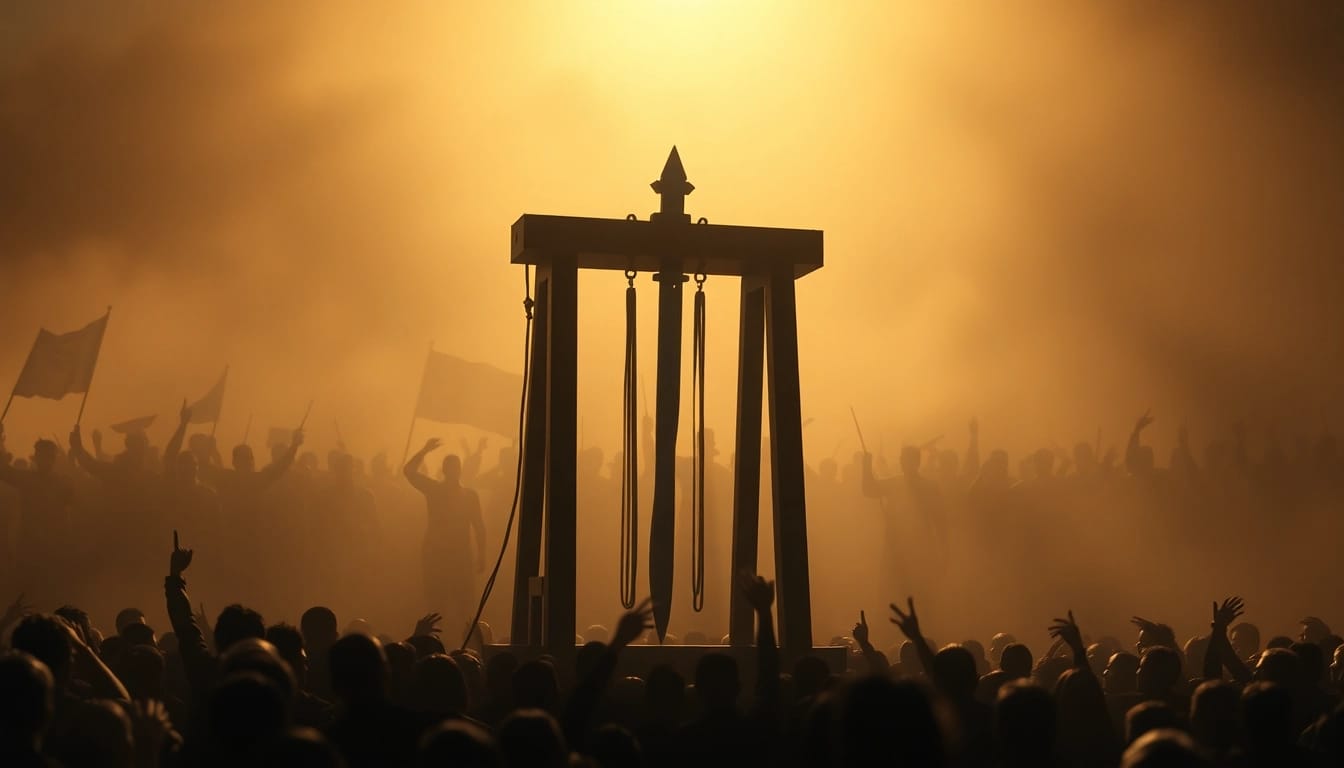 Depict a dramatic guillotine origin phrase scene contrasting history and emotion.