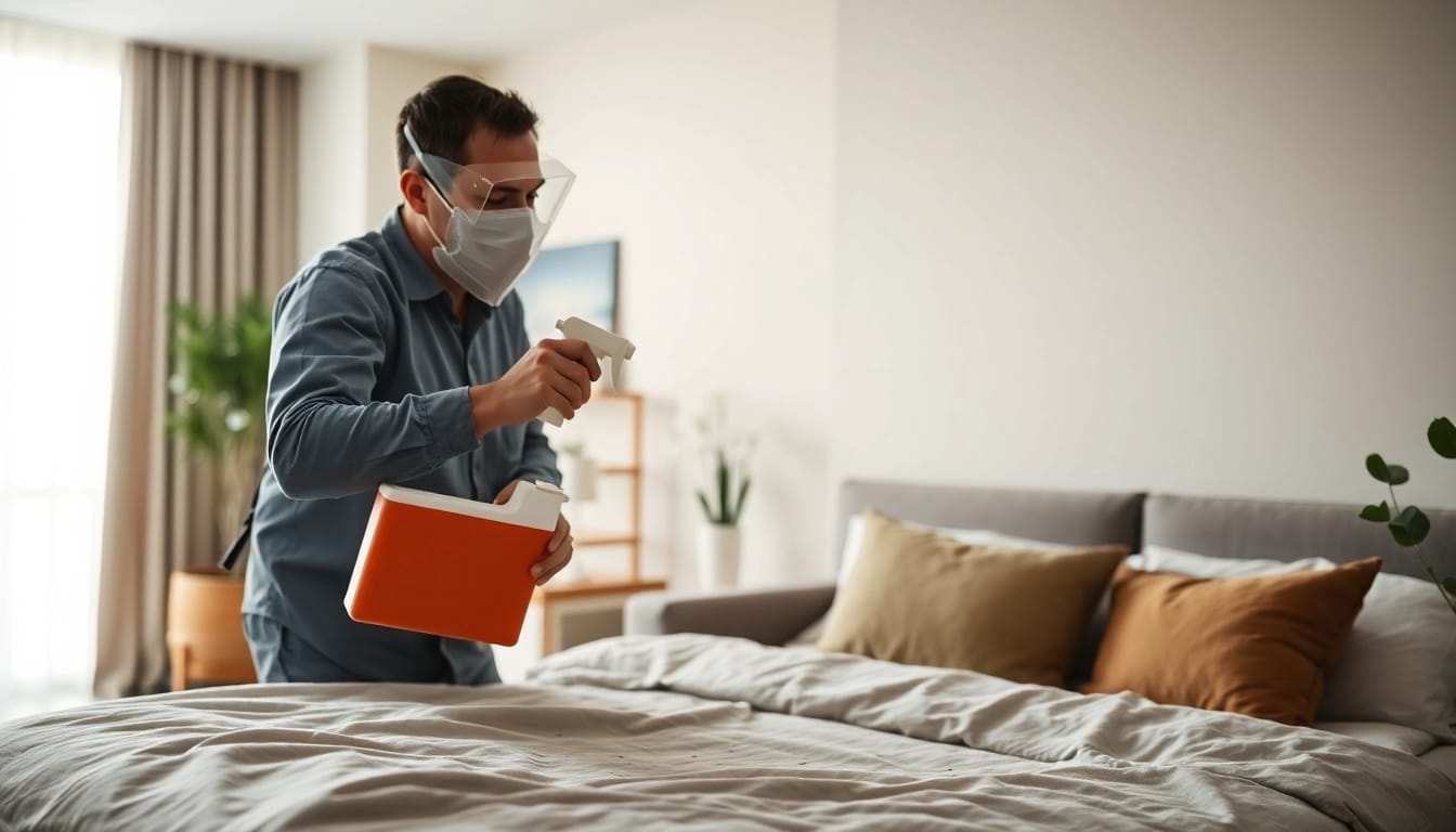 Exterminator administering bed bug treatment in a cozy apartment setting.