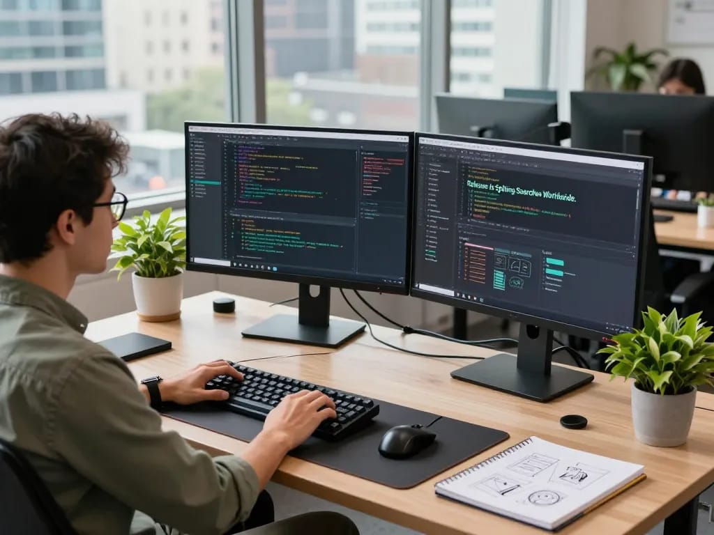 Developer coding in a modern office as release is spiking searches worldwide