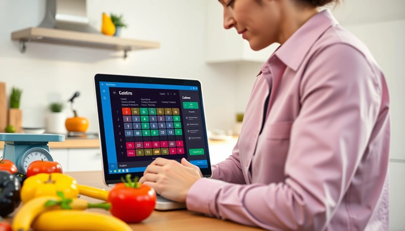 Nutritionist using a calorie calculator on a laptop in a bright kitchen setting.