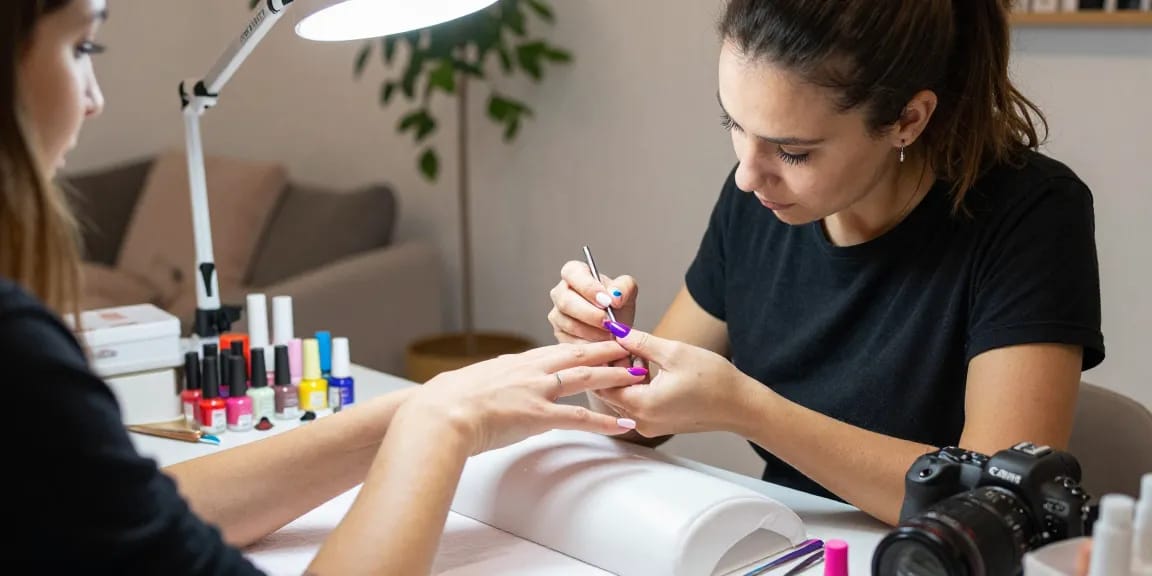 Tehnician profesionist în unghii aplicând gel constructie unghii într-un salon de înfrumusețare vibrant, cu lacuri colorate și unelte.
