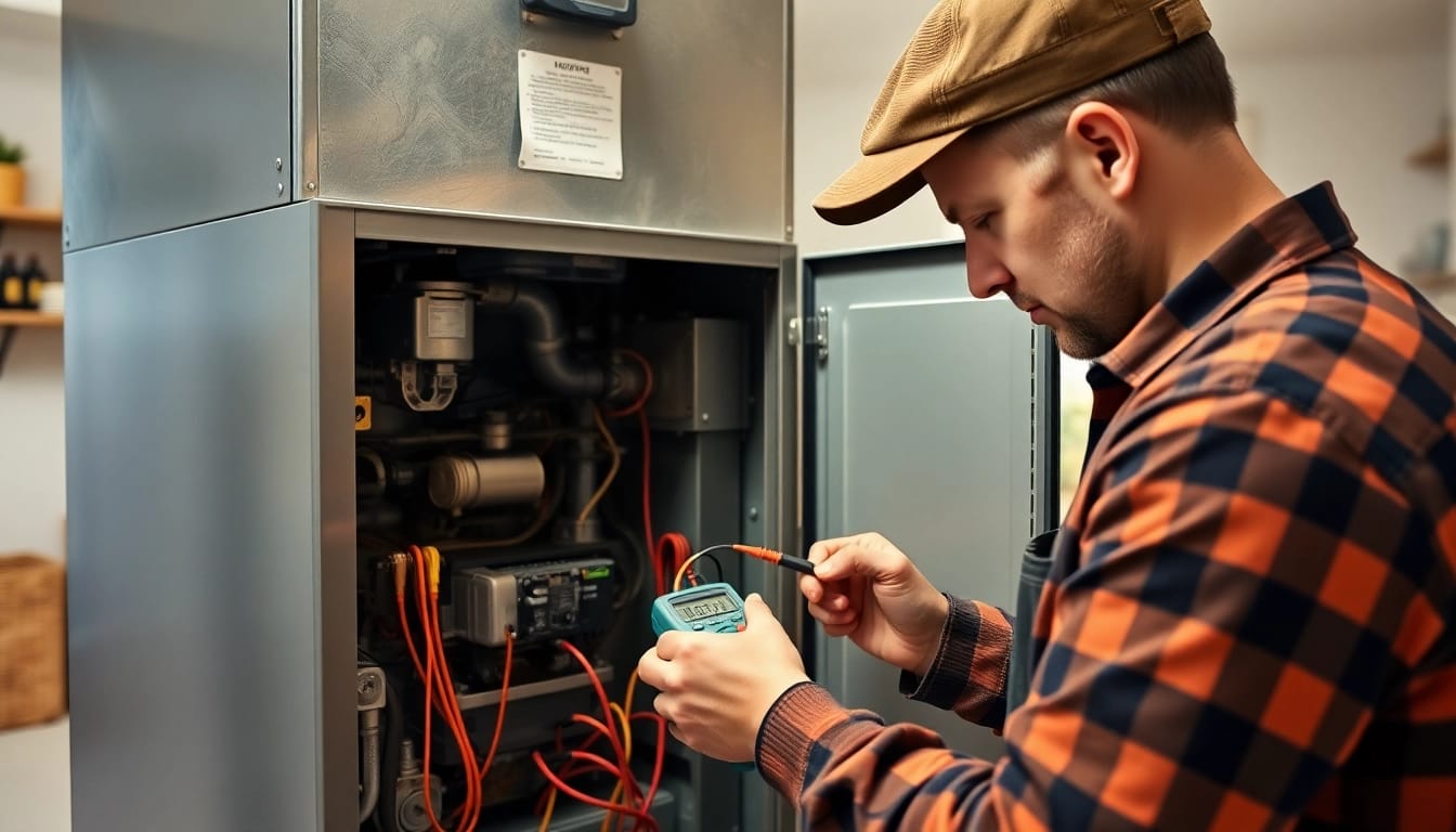 Technician conducting gas furnace repair katonah in a bright, clean utility room.