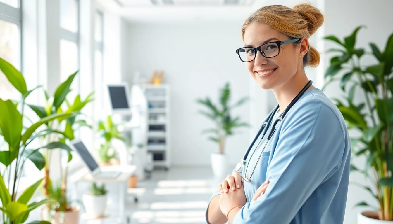 Promote Health through a healthcare worker's engaging and professional approach in a bright clinic.