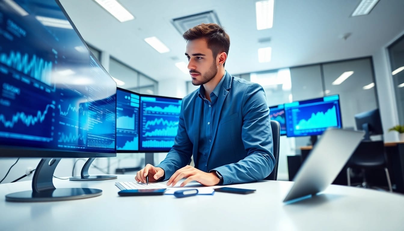An analyst utilizing Machine Learning for Loan Underwriting with data visualizations in a modern office.