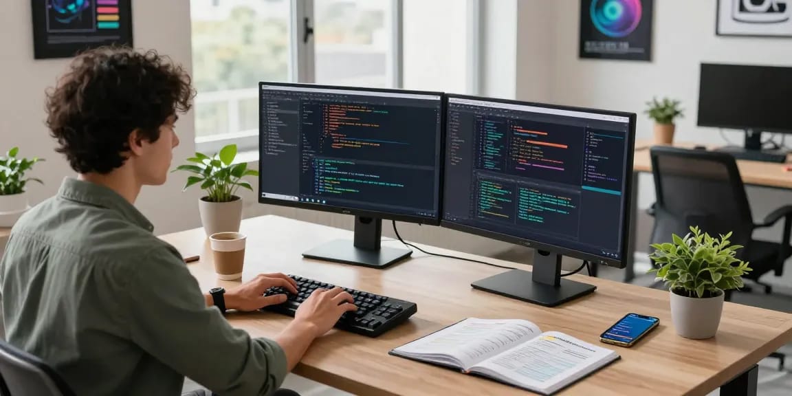 Developer coding in modern office during 纸飞机下载 project showcasing innovative workspace.
