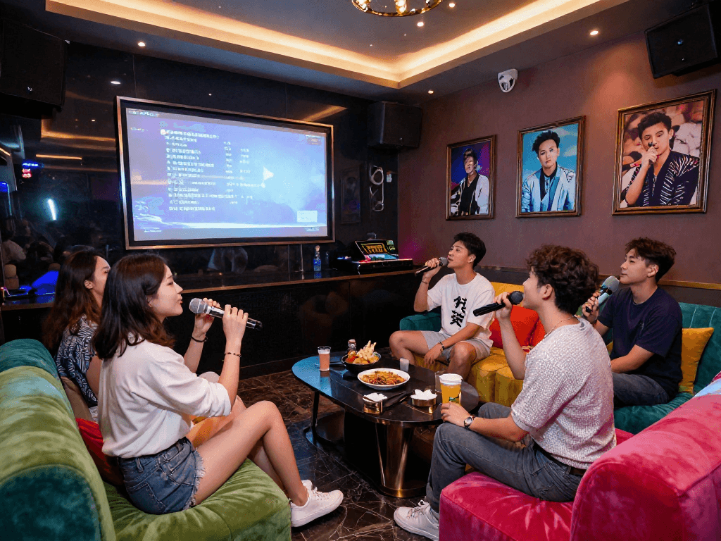 강남 타이밍에 맞춘 세련된 가라오케 분위기, 친구들과 함께 노래를 즐기는 모습